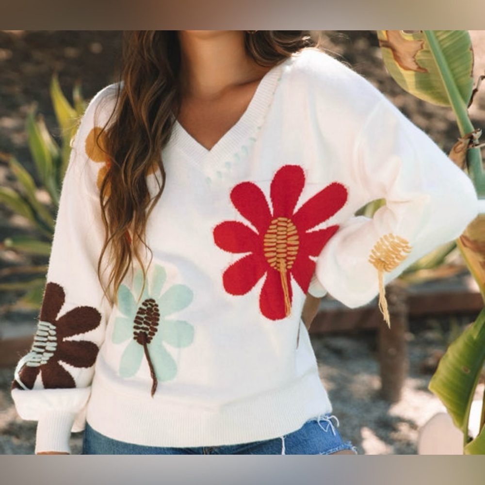 LAST ONE Floral V-Neck Sweater - White with Red and Yellow Accents